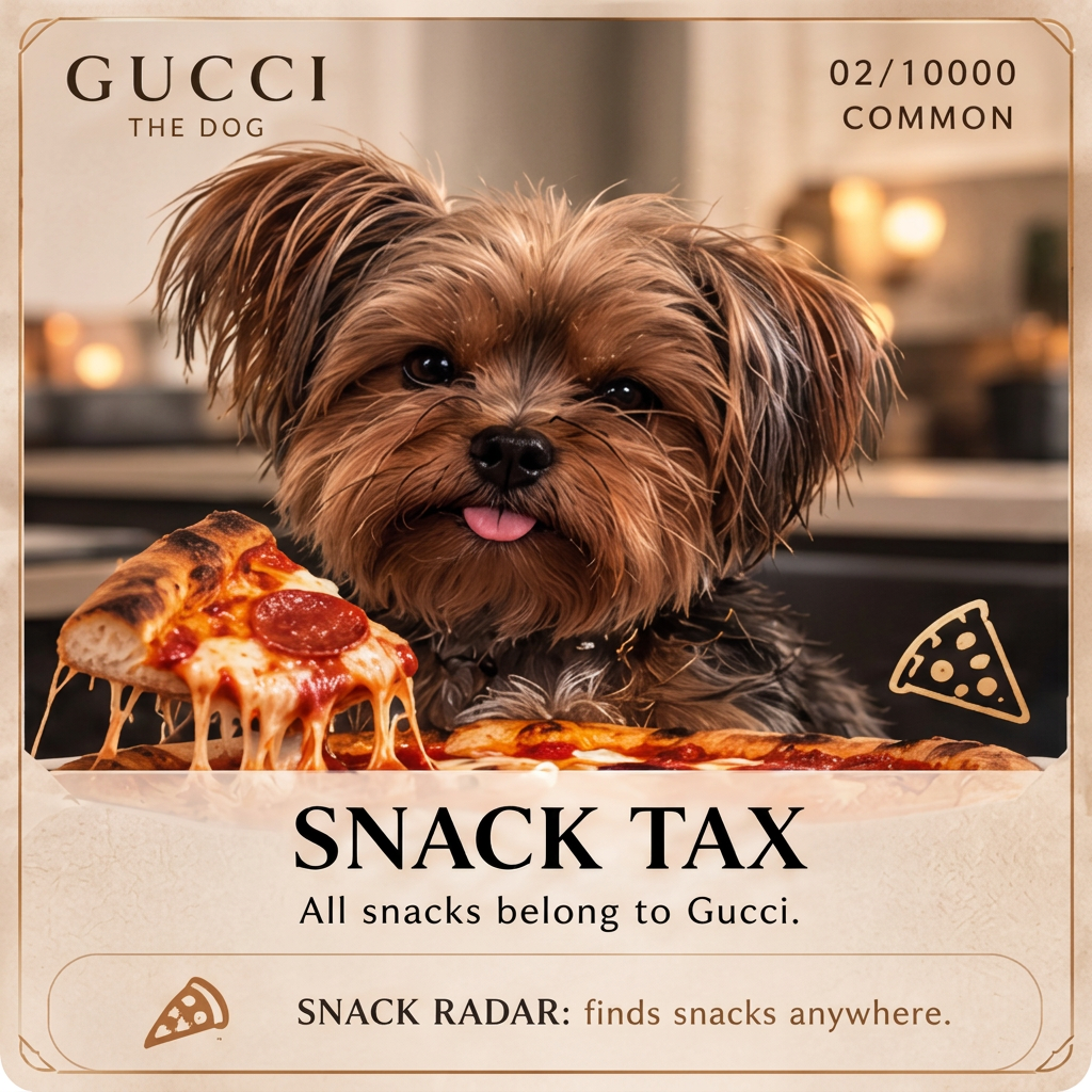 Snack Tax — Common, 10,000 supply. All snacks belong to Gucci. Snack Radar: Finds snacks anywhere.